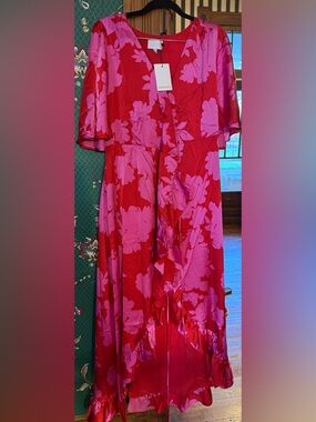 Red & Hot Pink Floral Ruffle Midi Wrap Dress
